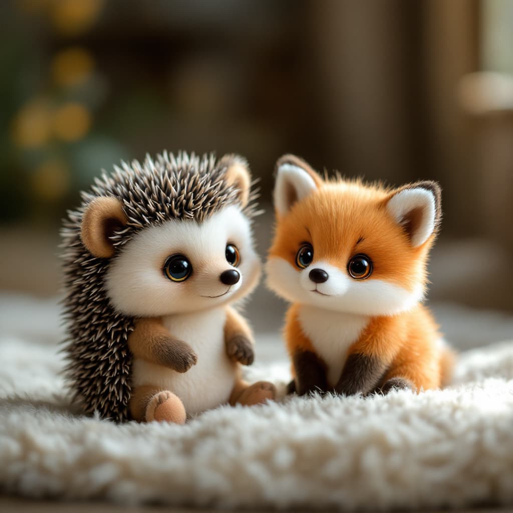 AI generated: photorealistic 2 cute baby hedgehog plush brother and sister and 1 cute little fox with big eyes, na...