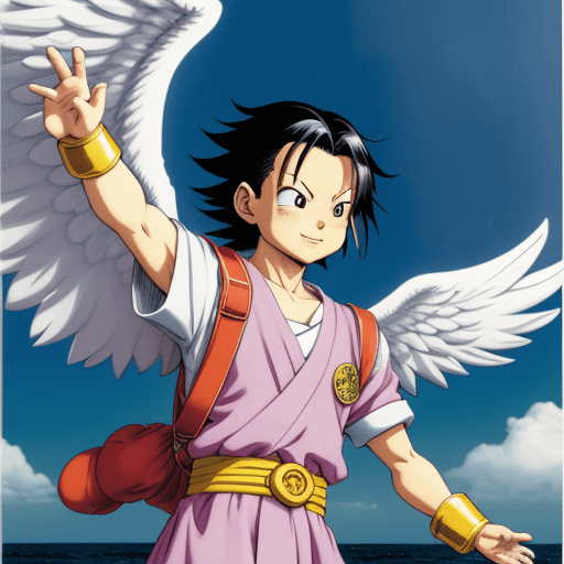 AI generated: Toriyama Akira's comic IP Karin, with white angel wings behind him and an angel ring on his head, wa...