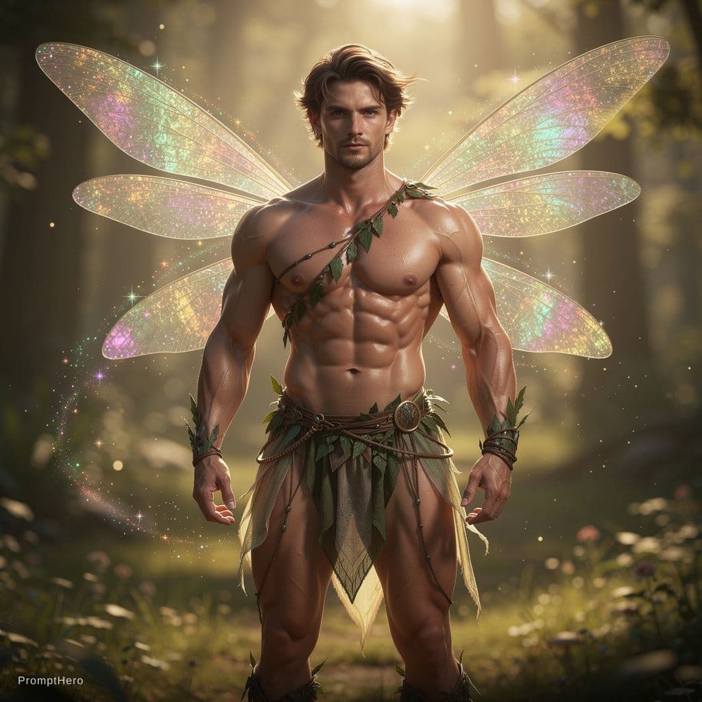 AI generated: an athletic, fit handsome male fairy. fit, defined muscles. Large iridescent wings 