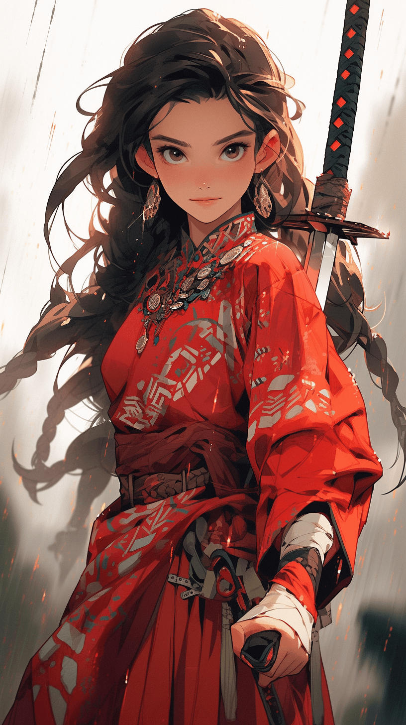 AI generated: A picture of a fearless warrior holding a sword, Disney Mulan reference, fierce and determined smile...
