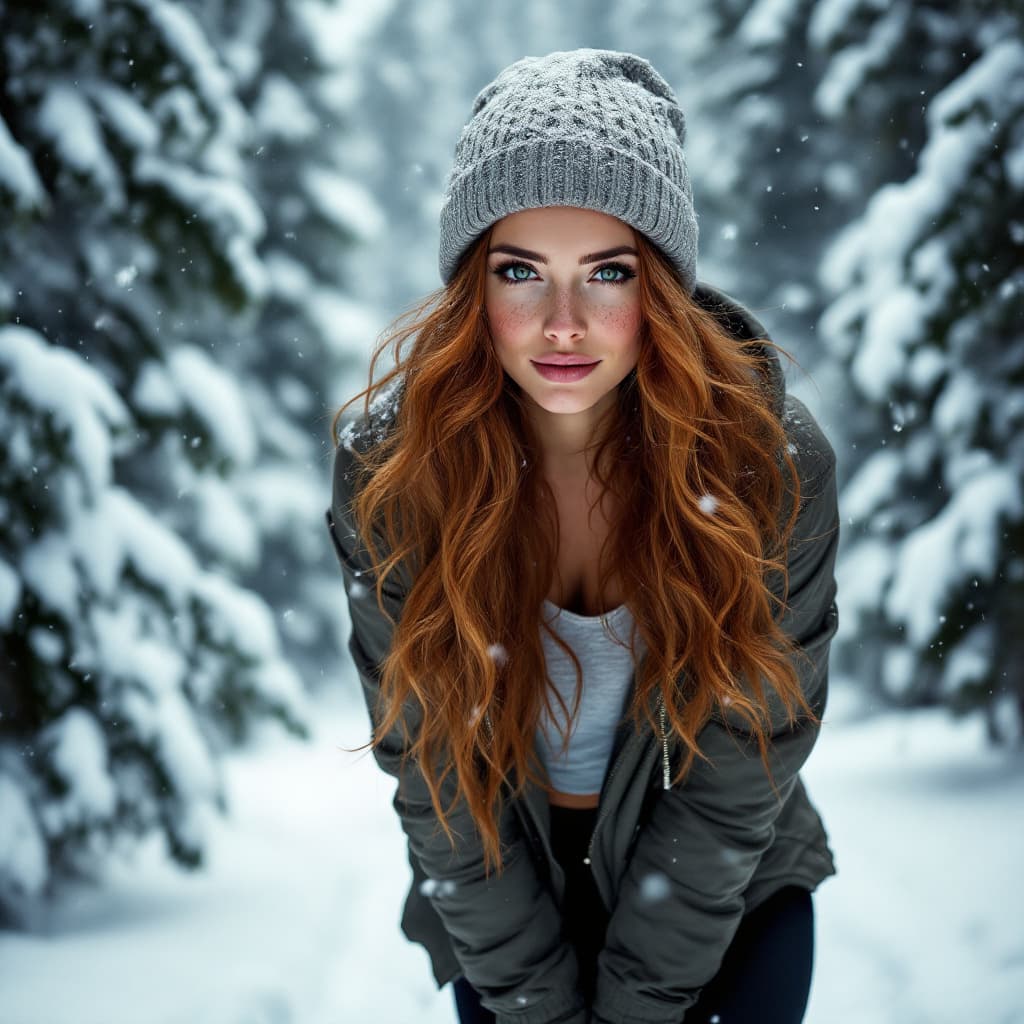 AI generated: A woman stands in the midst of a winter wonderland, her long wavy auburn hair framing her face as sh...
