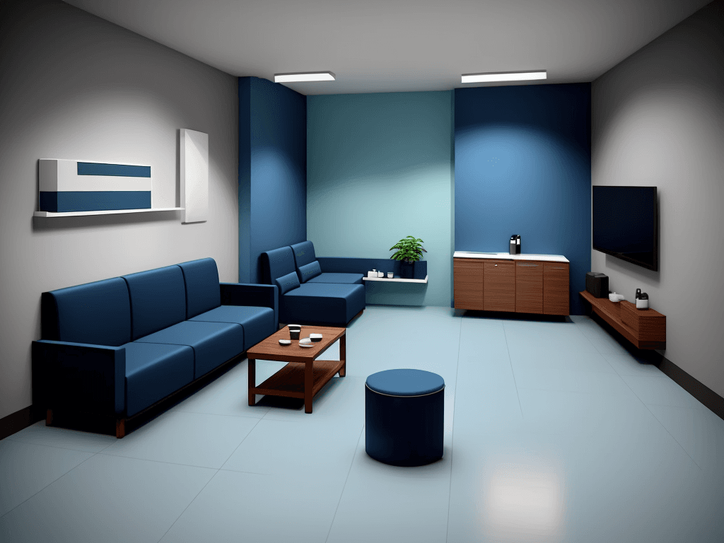 AI generated: medium rest room, in a blue tone, with sofa, bench with coffee, simple corporate environment, televi...