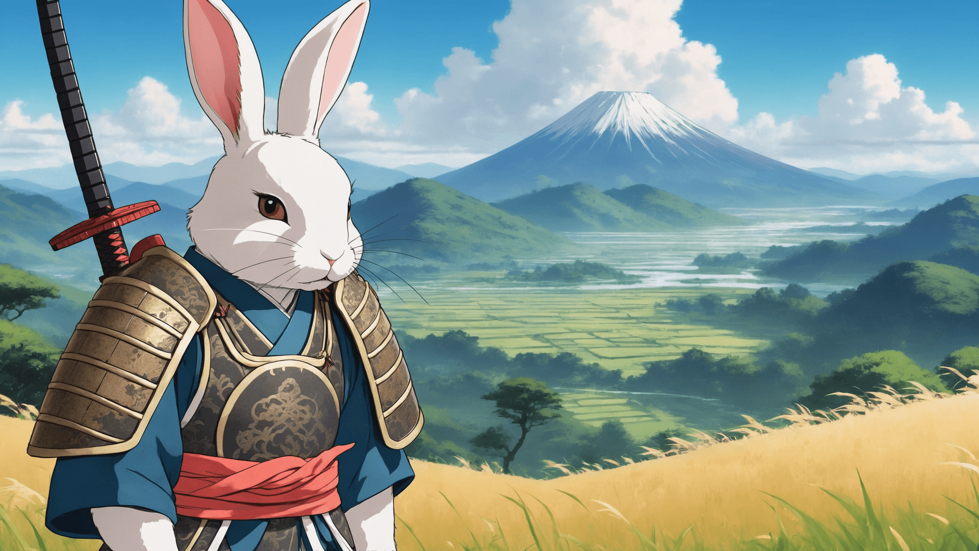 AI generated: anime artwork Picture an anthropomorphic bunny, standing atop a tranquil hill, wearing a rice hat, a...