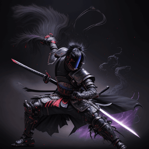 AI generated: a masked divinity samurai in action and unleashing an attack against enemies with his mystical katan...