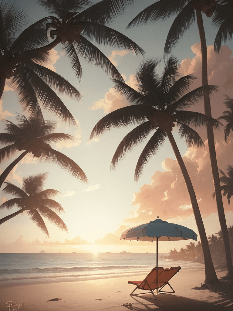 AI generated: painting of a beach chair at sunset under palm trees, natural light, concept art, by greg rutkowski,...