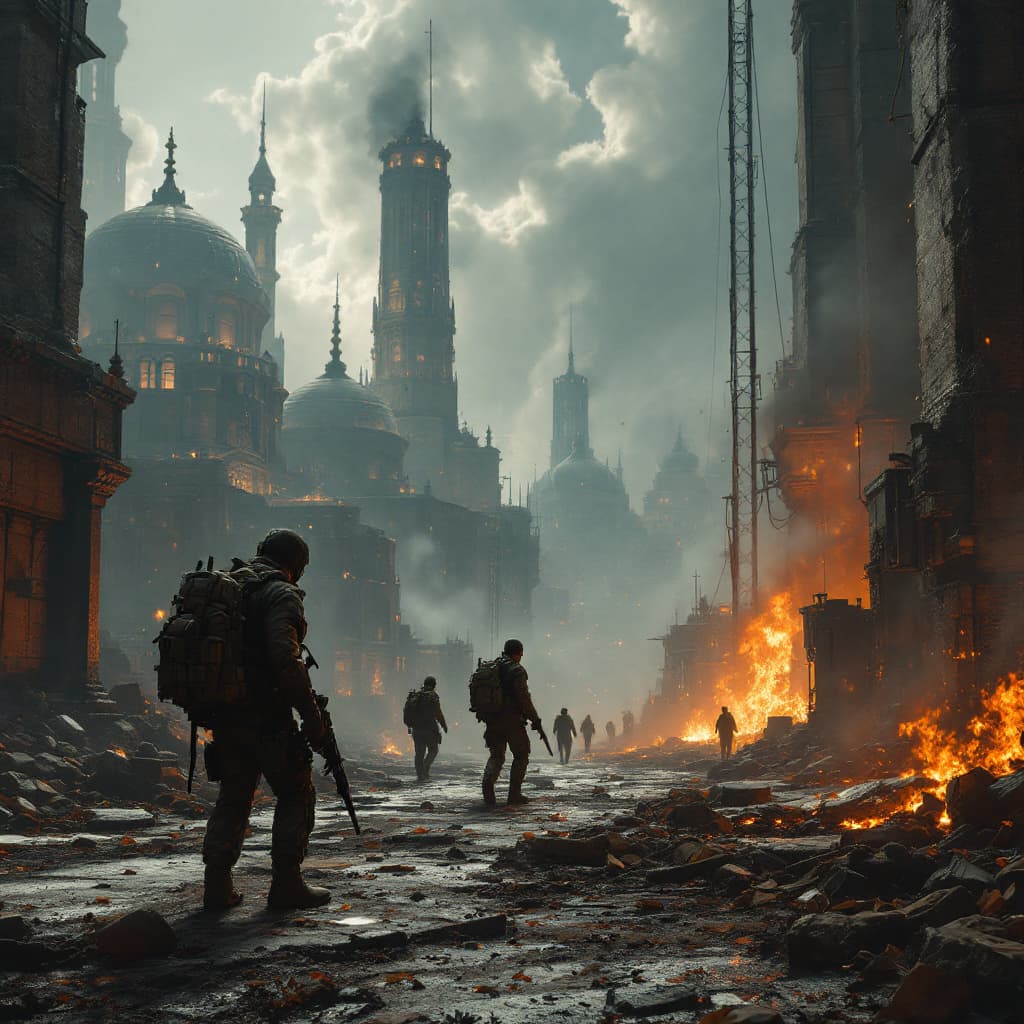 AI generated: Dave Blunts amidst an active warzone, 8k, intricate detail, photorealistic, realistic light, wide an...