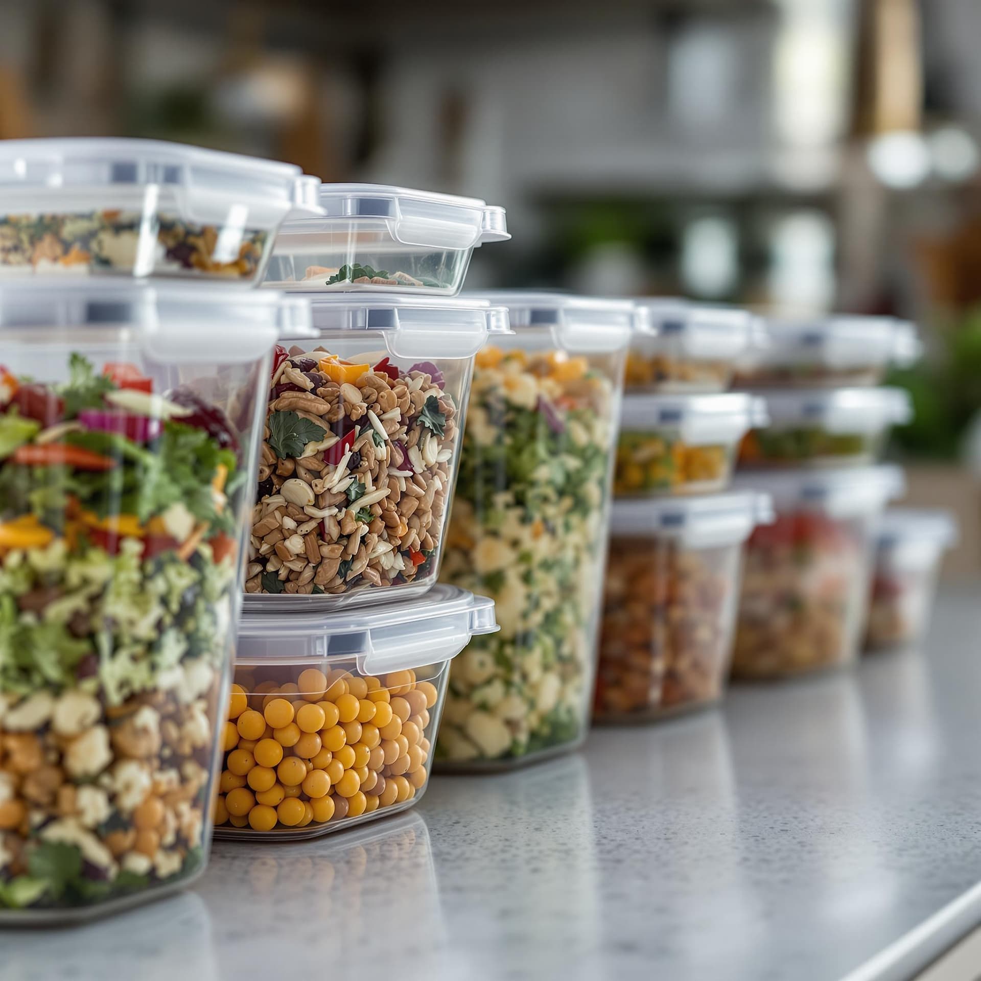 AI generated: A set of meal prep containers lined up on a counter, illustrating organized batch cooking dslr, ultr...