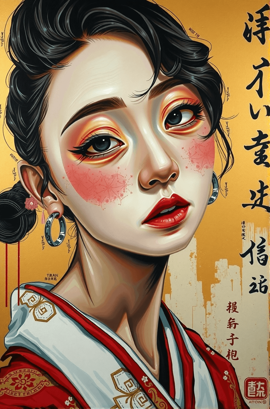 AI generated: (print collage:0.9) of a japanese 26 yo princess portrait turning gradually outwards quickly into oi...