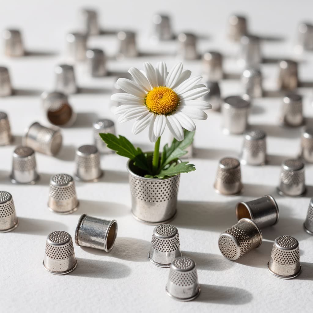 AI generated: portrait of a hundred silver thimbles strewn on the page. out of one thimble there is a gorgeous dai...
