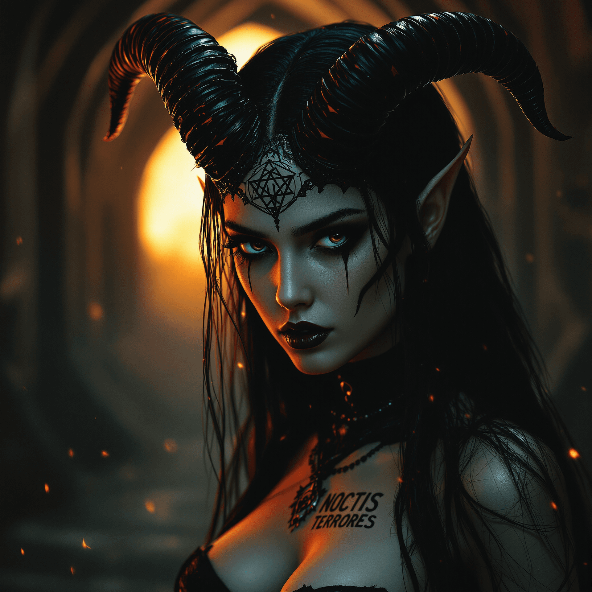 AI generated: A record-album cover, fantasy art: A powerful yet vulnerable female demon, reminiscent of Beksiński'...