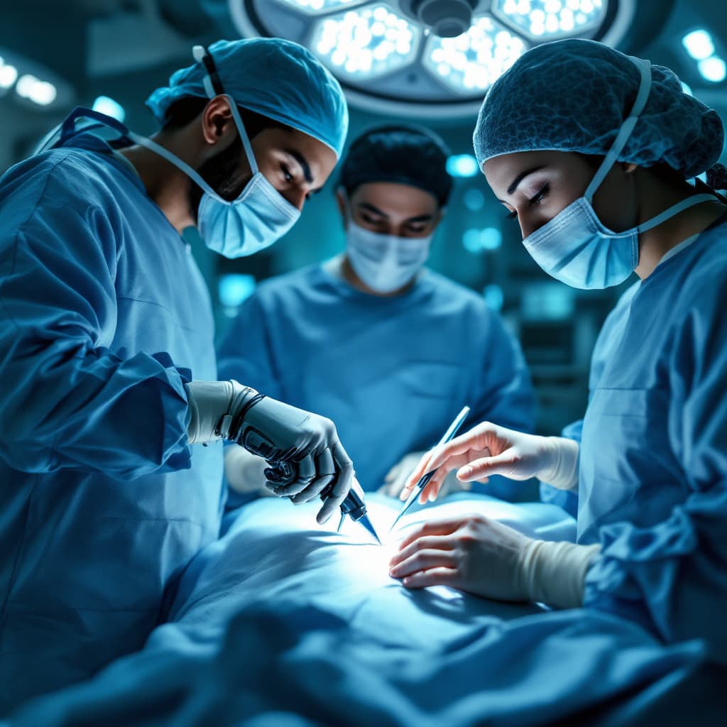 AI generated: `/imagine prompt: Surgical team in high-tech operating room, focus on hands:

South Asian surgeon's ...