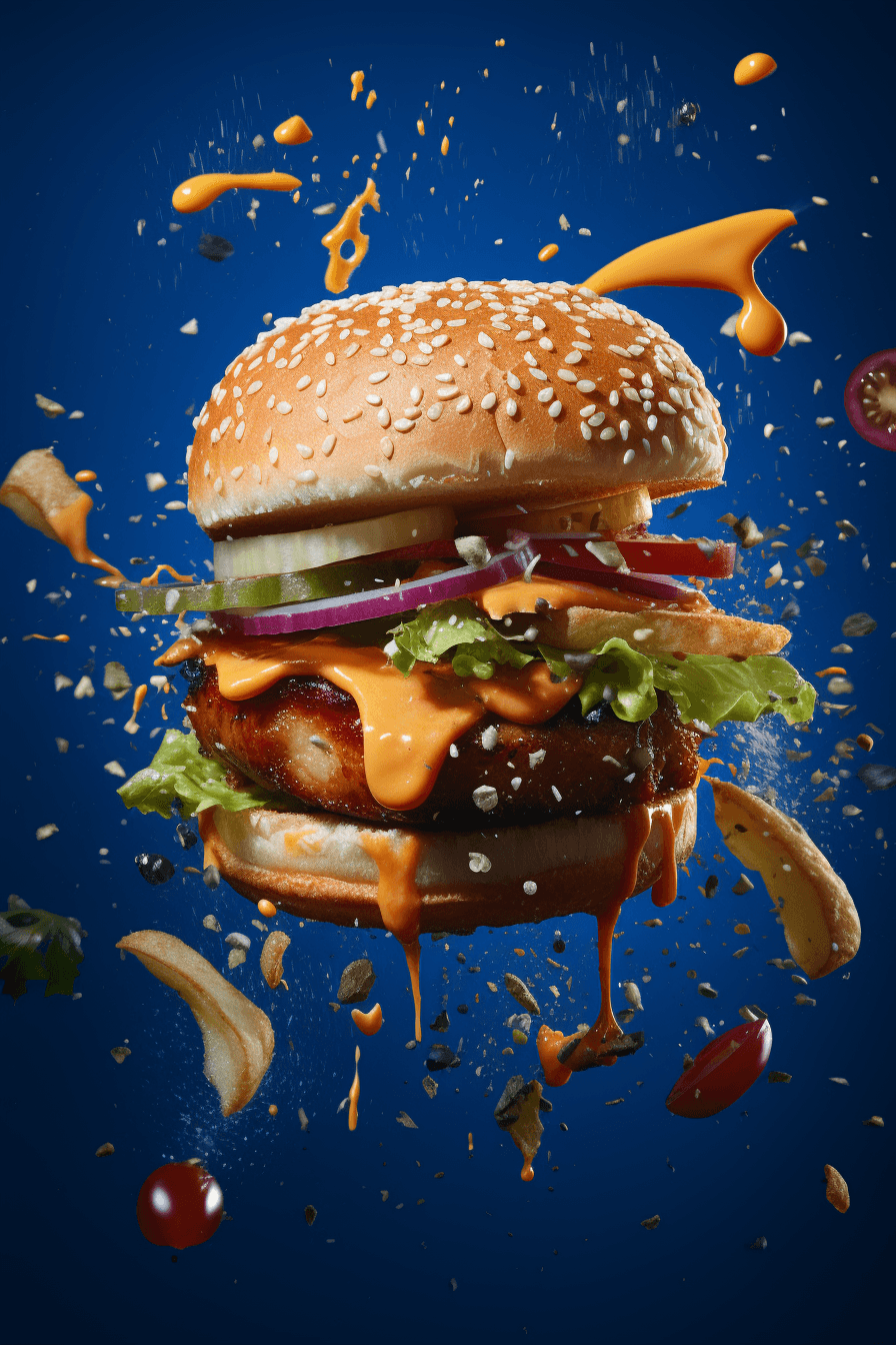 AI generated: Flying food photography with [Two Burgers] as the main theme, Splash of Toppings and [Spices], [Rock...