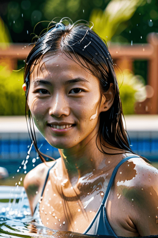 AI generated: Medium close-up, photograph of,a 32 year old Asian woman, long straight black hair, splashing water ...