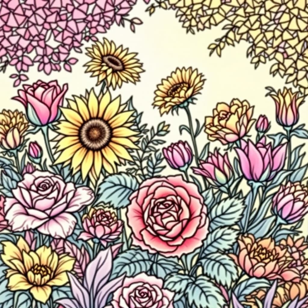 AI generated: Coloring book page,	A garden of blooming roses, sunflowers, and tulips, no color