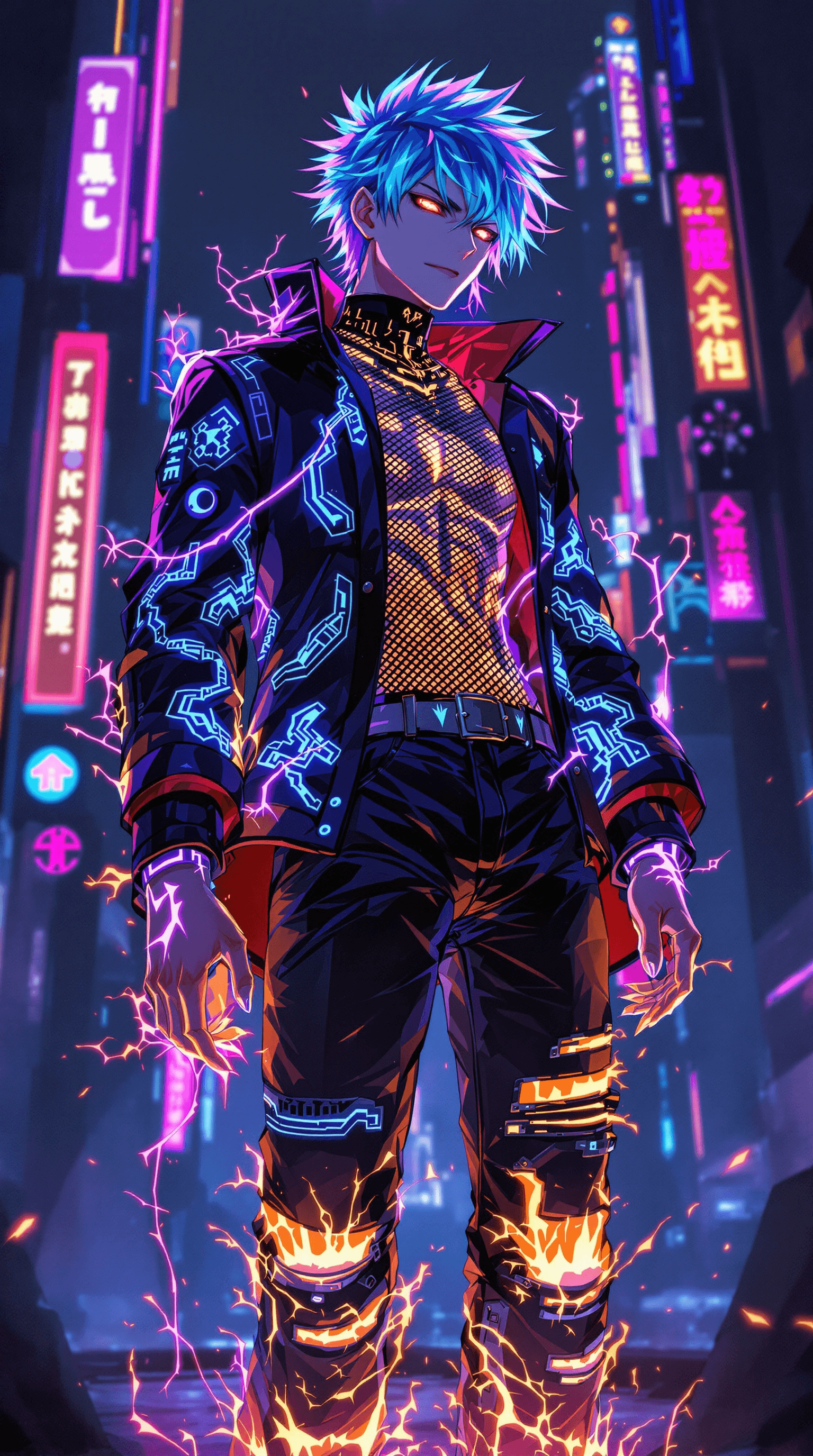 AI generated: A breathtakingly detailed illustration of an anime-inspired male figure, radiant with an ultraviolet...