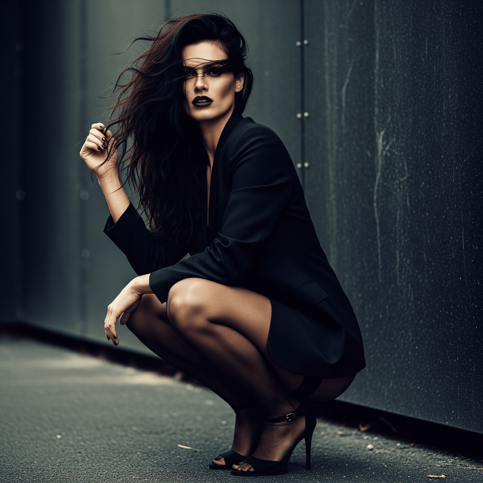 AI generated: High-fashion, gritty portrait of a powerful woman squatting outdoors against a dark, textured wall. ...