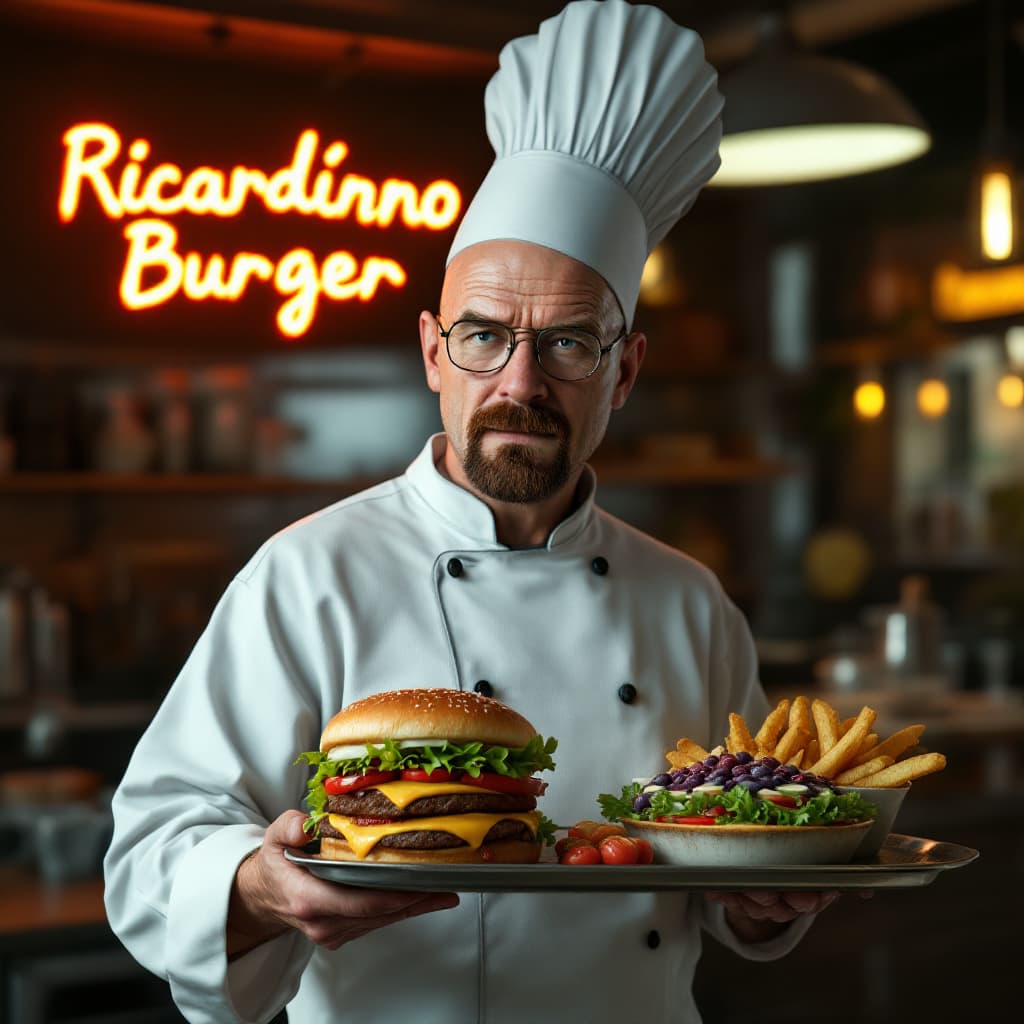 AI generated: (Photorealistic) Walter White from Breaking Bad, with the text "Ricardinho Burger" in the same style...
