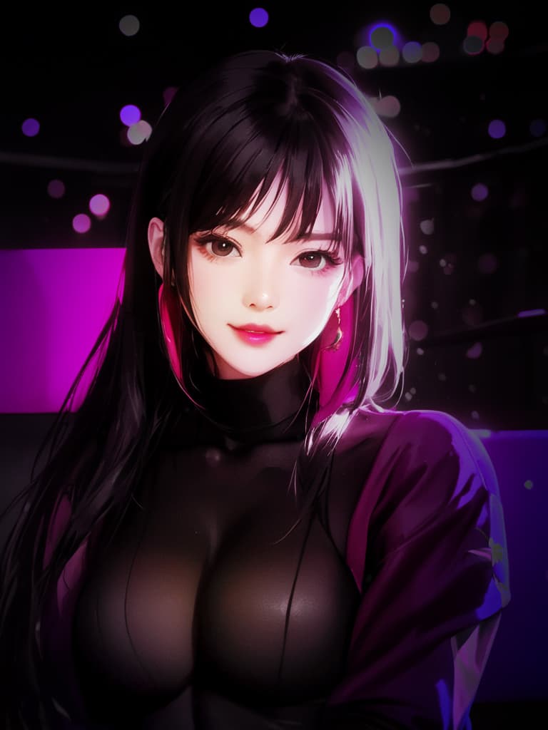 AI generated: Photo of pretty Asian female inside a disco, 80's style, purple lights, minimal lighting, subtle ill...