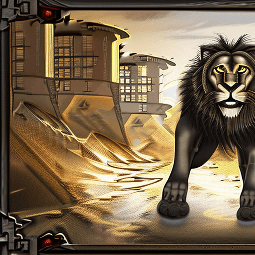 AI generated: A stunning post-apocalyptic scene featuring a biomechanical lion, a fusion of majestic creature and ...