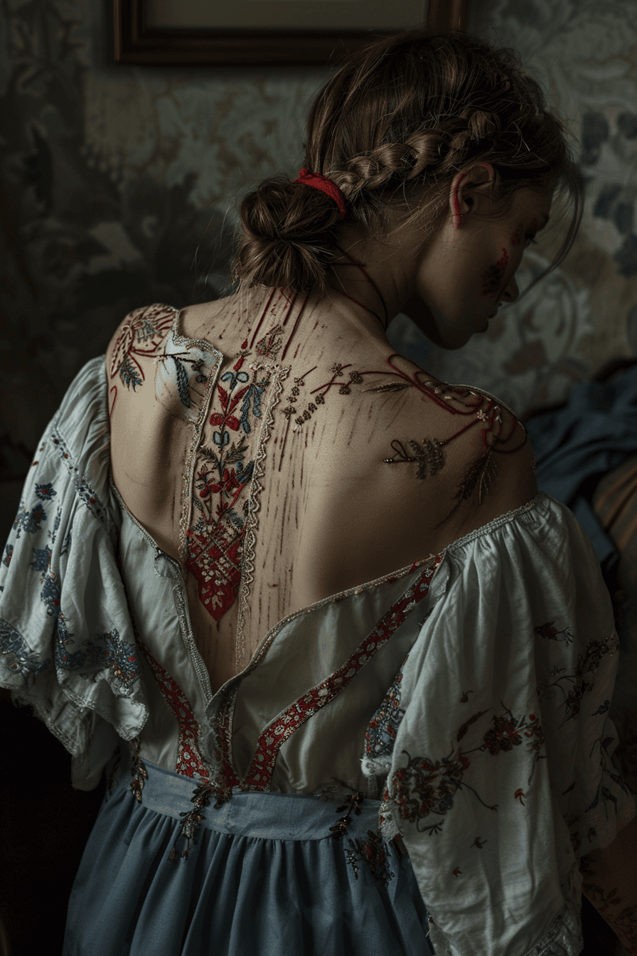 AI generated: the whole face and back are permeated with painful threads in the style of Ukrainian national embroi...