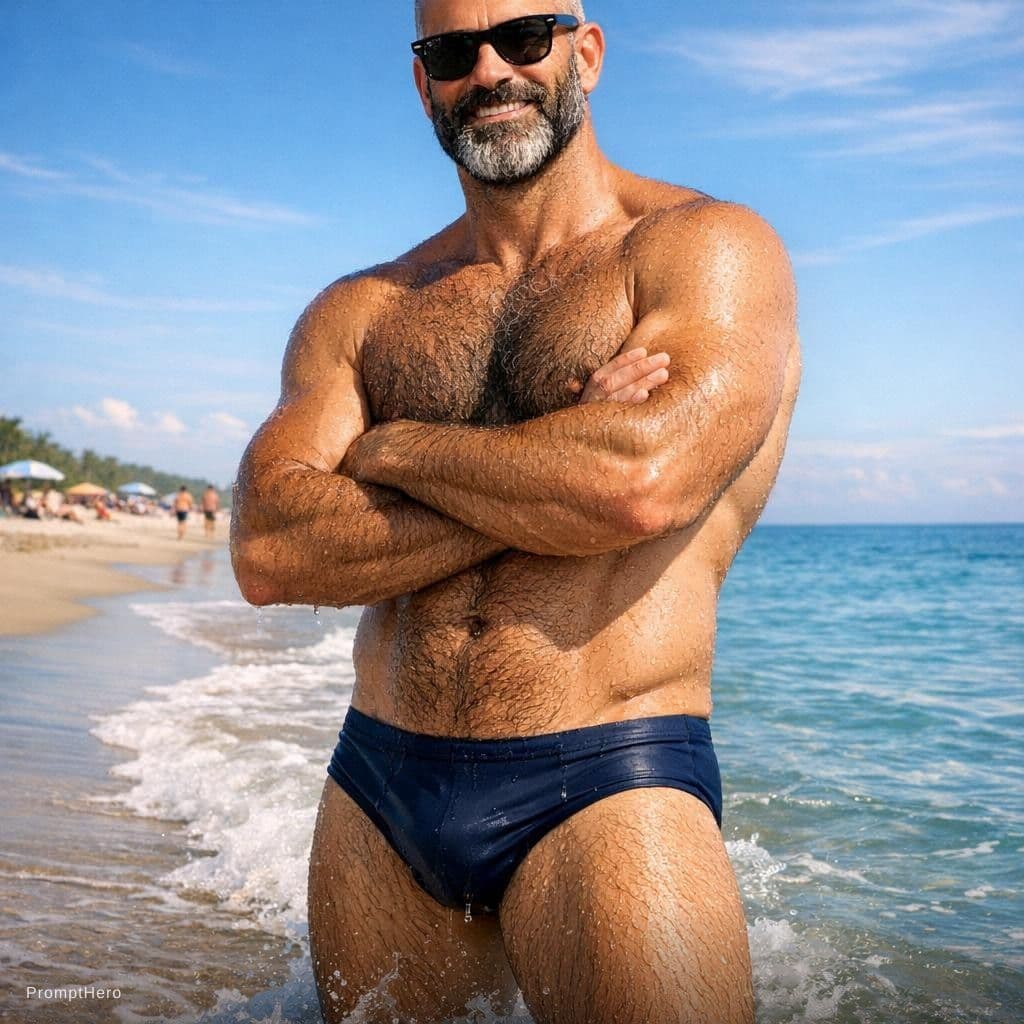 AI generated: A sunlit summer scene at a शांत beach. In the foreground, A breathtakingly handsome and masculine 48...