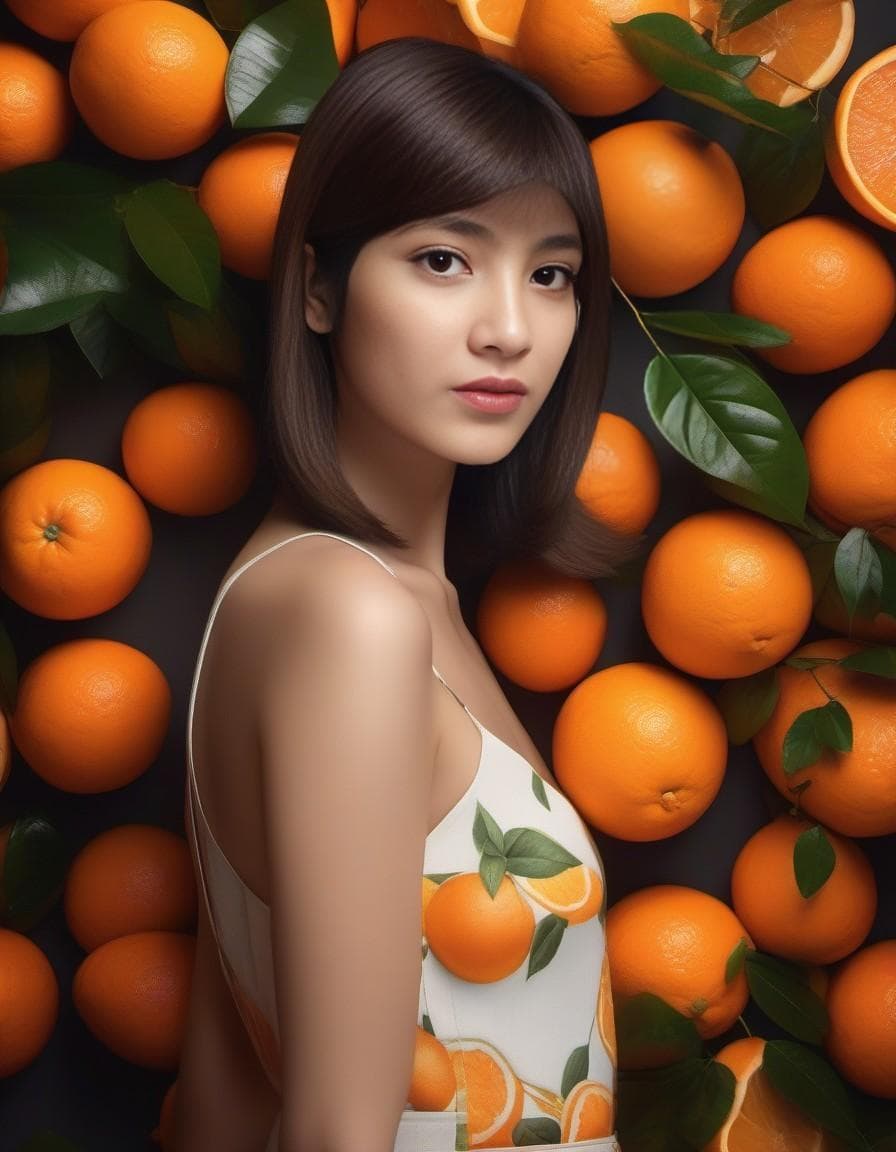 AI generated: A girl made by cutting fresh oranges, photo realistic technique - ar 2:3- stylized 400detail, photor...