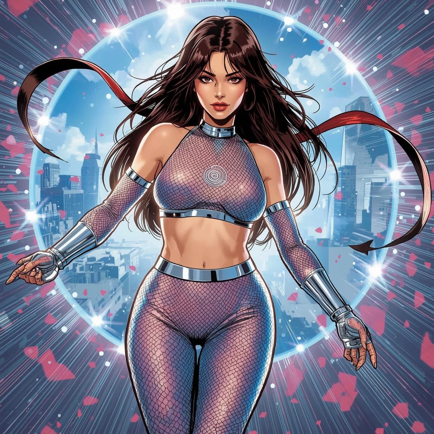 AI generated: young adult (18+) female teleporter superhero, dynamic rooftop pose, iridescent hex-mesh suit halter...