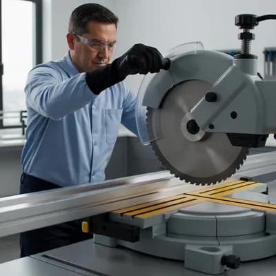 AI generated video: Prompt: A professional worker in a clean workshop precisely cutting a high-grade aluminum frame usin...