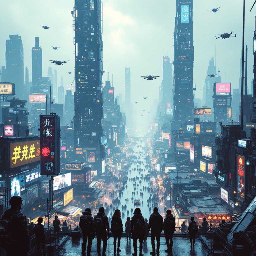 AI generated: A sprawling cyberpunk cityscape stretches as far as the eye can see. Massive skyscrapers, their surf...