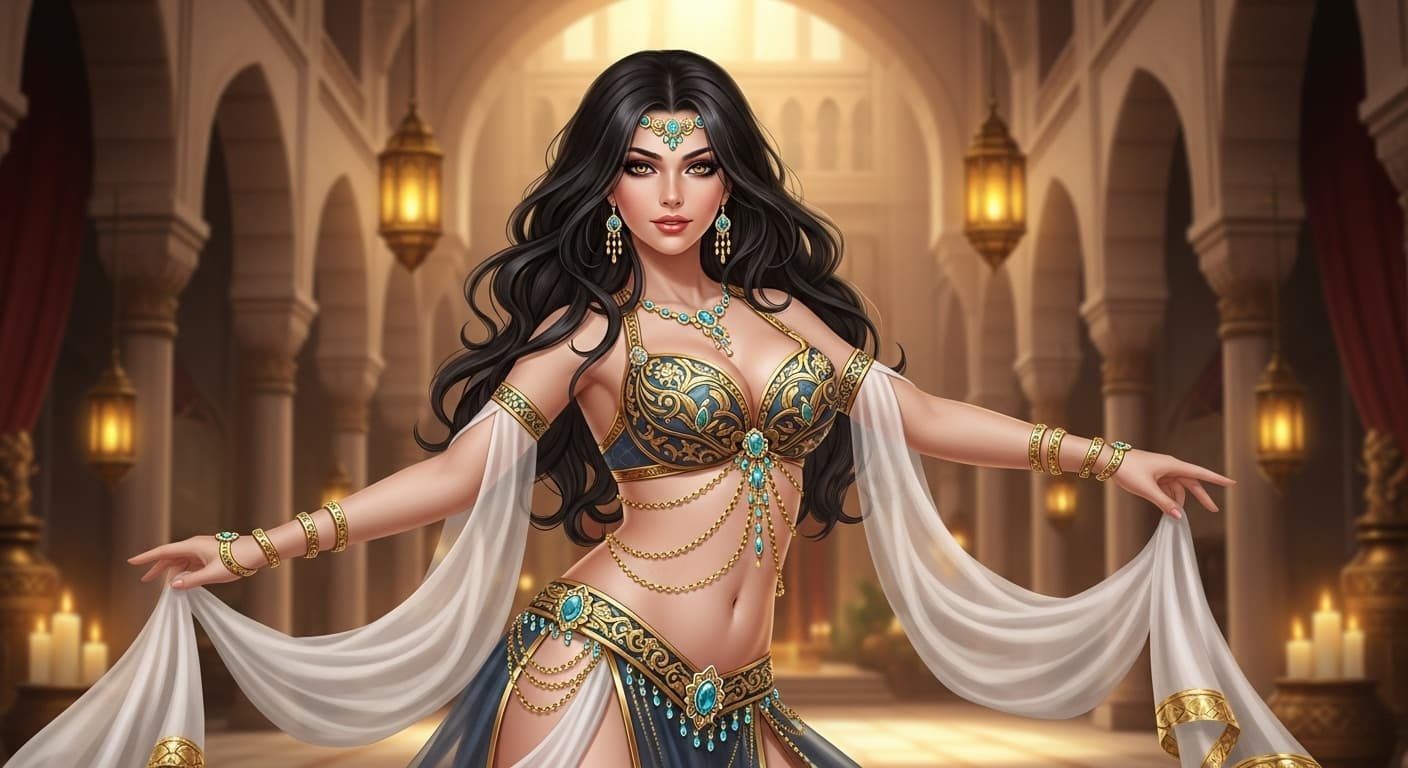 AI generated: A breathtaking curvy Arabian belly dancer with long, wavy dark hair and mesmerizing hazel eyes. She ...