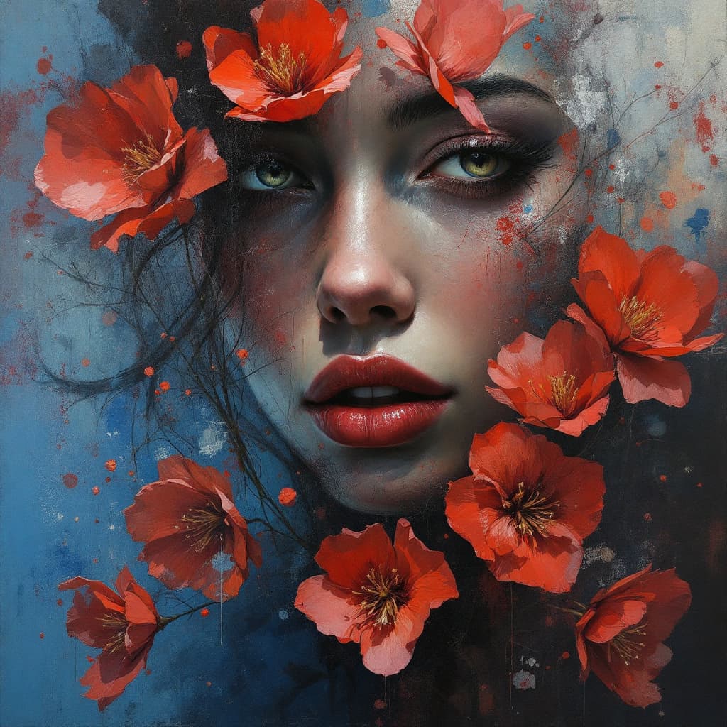 AI generated: Esta pintura expressiva captura o olhar intenso de uma mulher cercada por flores vermelhas vivas, su...