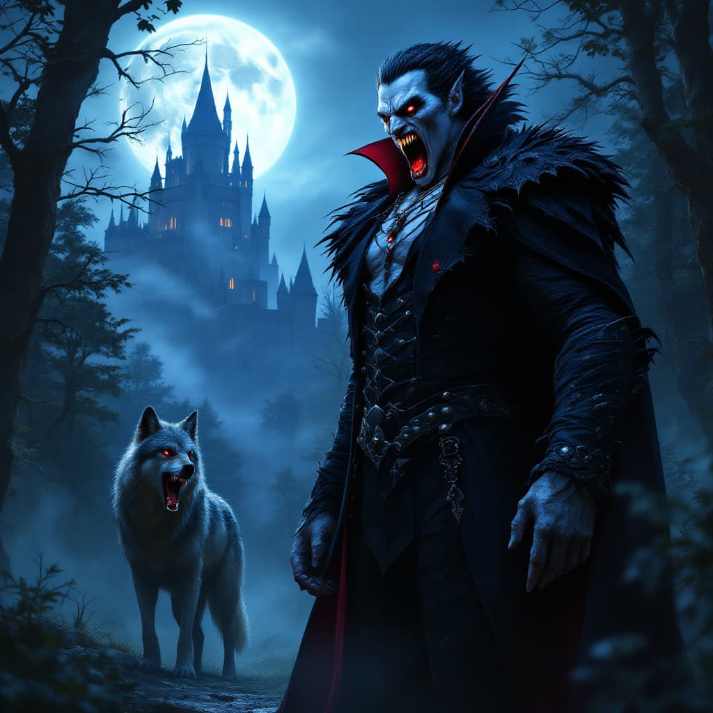 AI generated: highly detailed, realistic, Count Dracula, big fangs shining, tall, full body, powerfully build, hug...