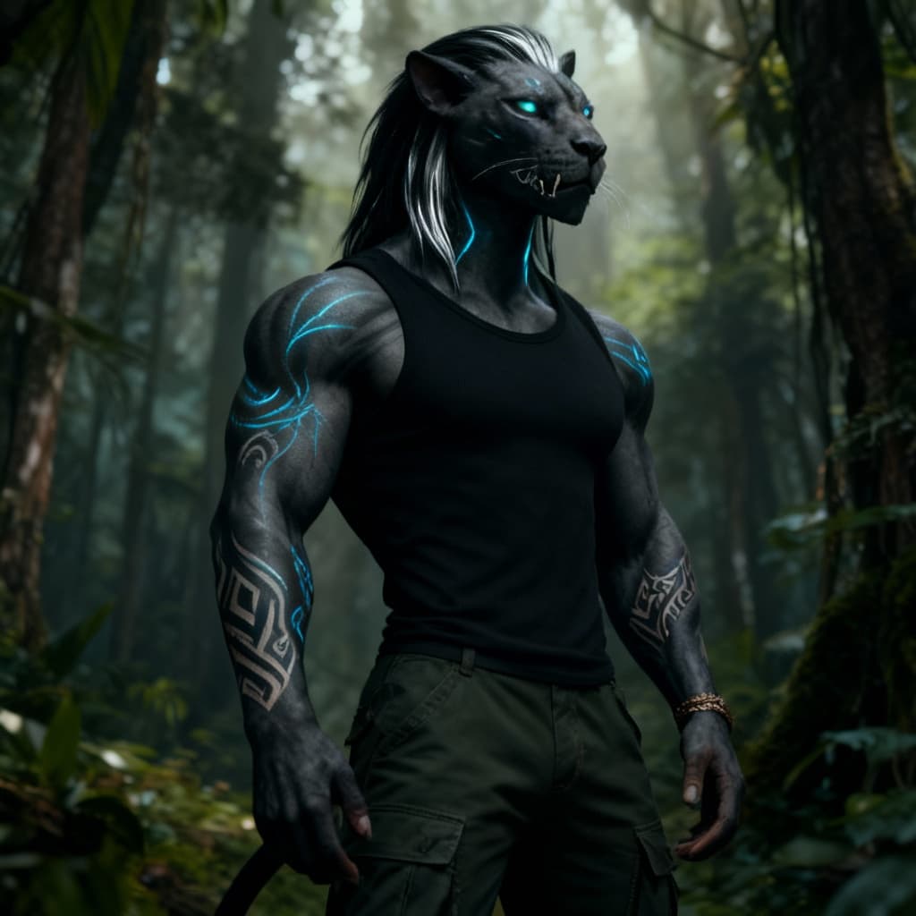 AI generated: Blend species of feline to create a new anthropomorphic species from this original with no tail. Alt...