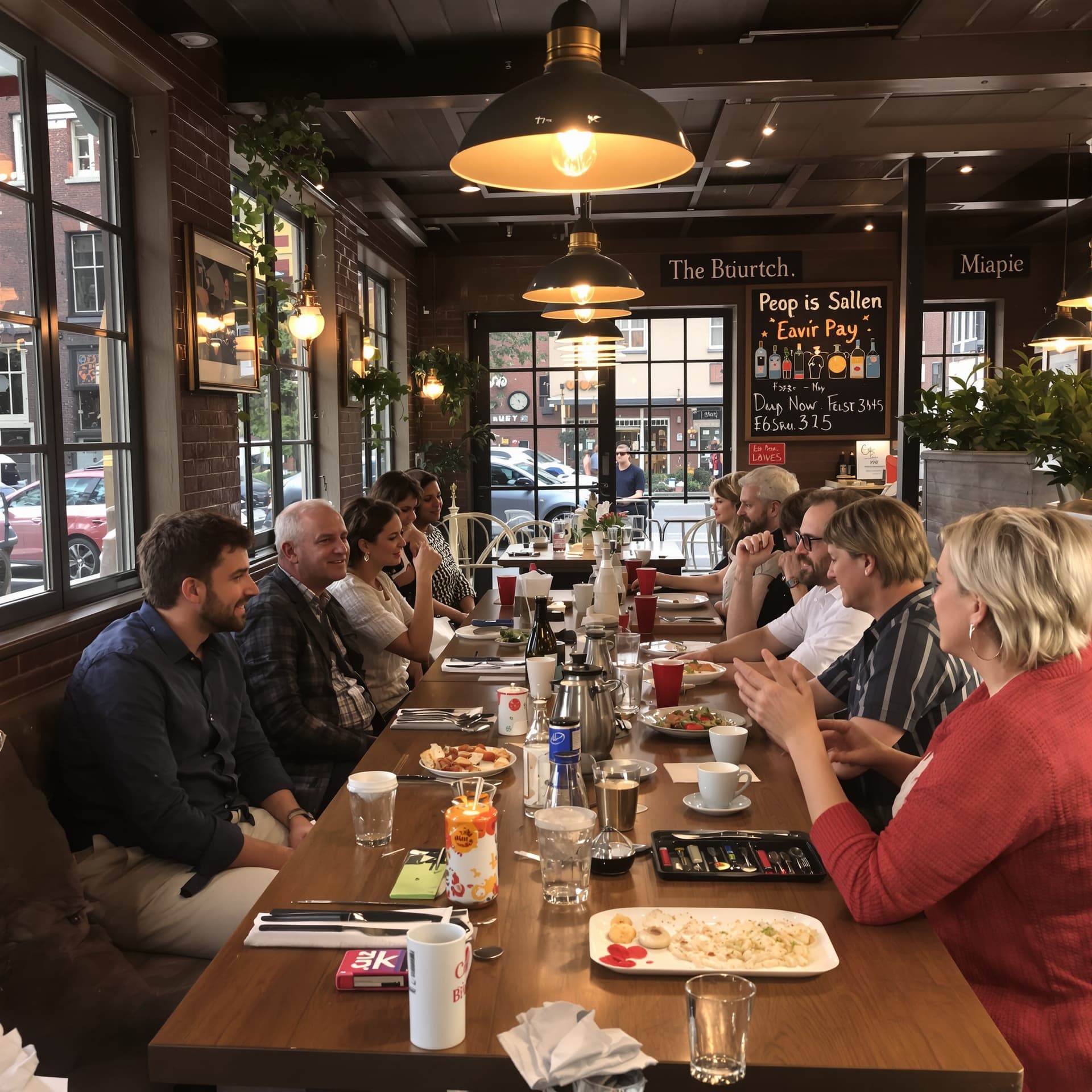AI generated: hyper photorealistic image of a full table of cheerful customers having conversations in a dutch res...