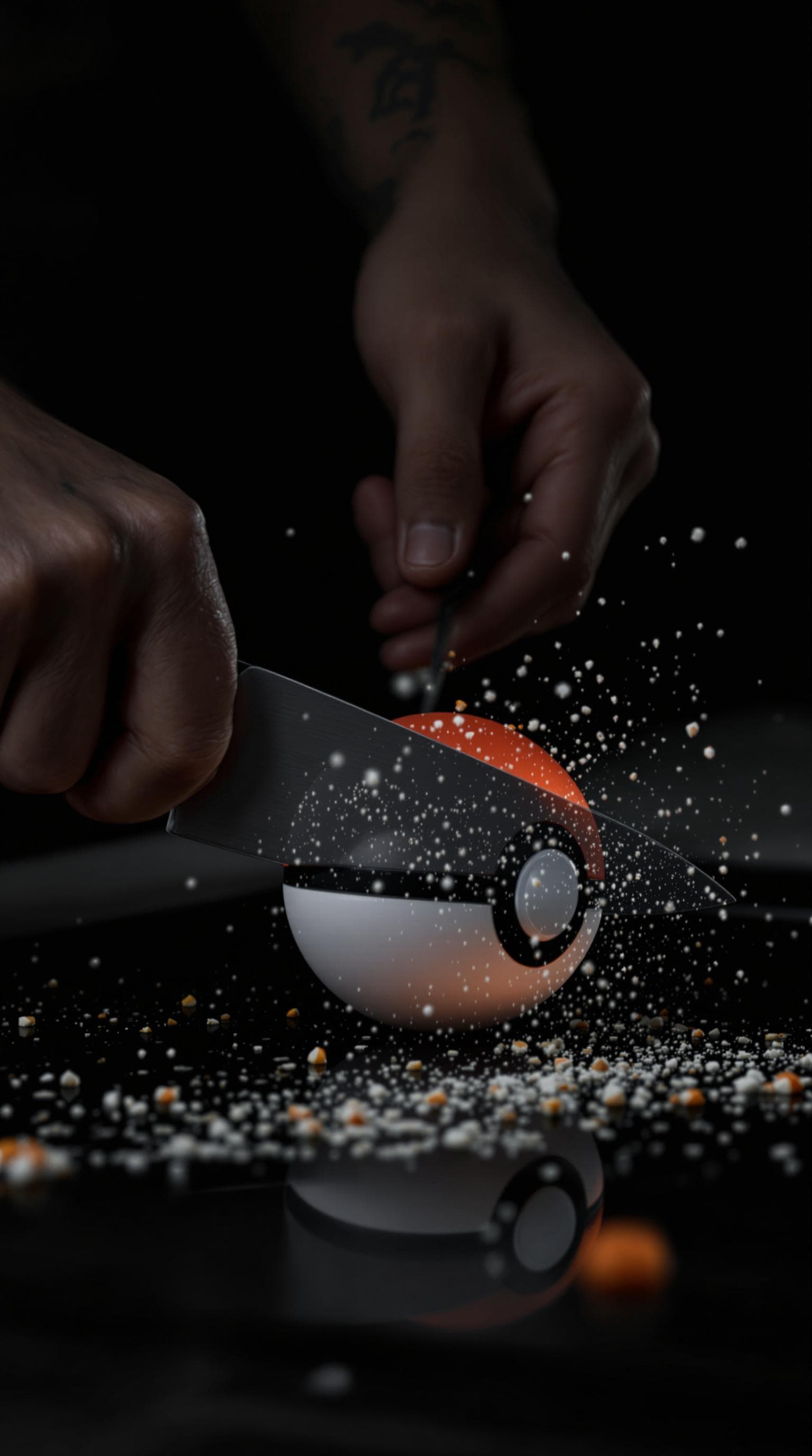 AI generated: A hyper-realistic ASMR video of a man slicing a Pokeball in a modern kitchen. The background is comp...