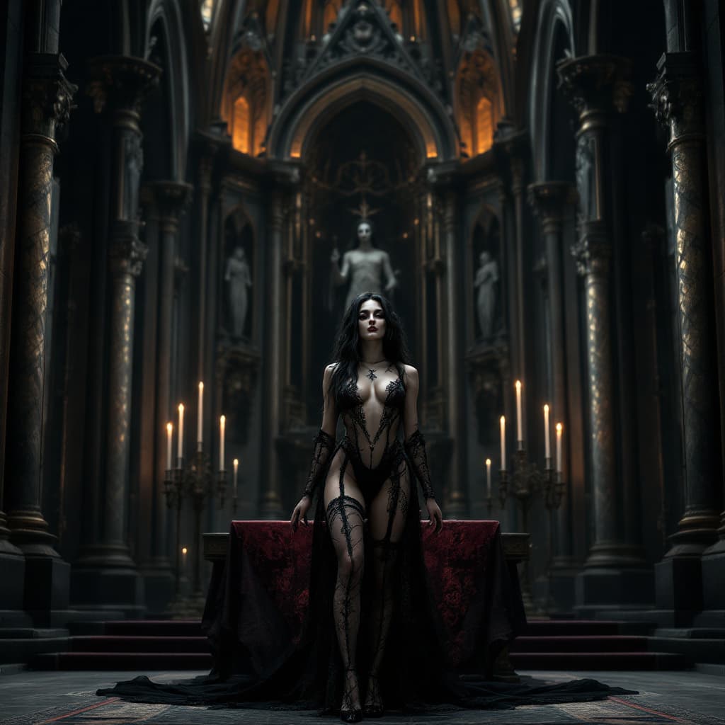 AI generated: Gothic cathedral, transparent black hair gothic style woman, The figure is further from the camera. ...