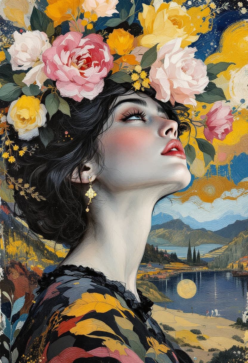 AI generated: Portrait stunning woman, art nouveau, neo impressionism, charcoal illustration colourful brushstroke...