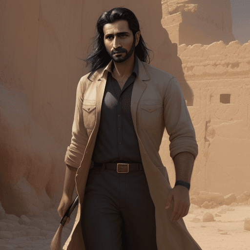 AI generated: new art : a 35 years old arabic man with black hair and archaeologist clothes. satara by johnny tayl...