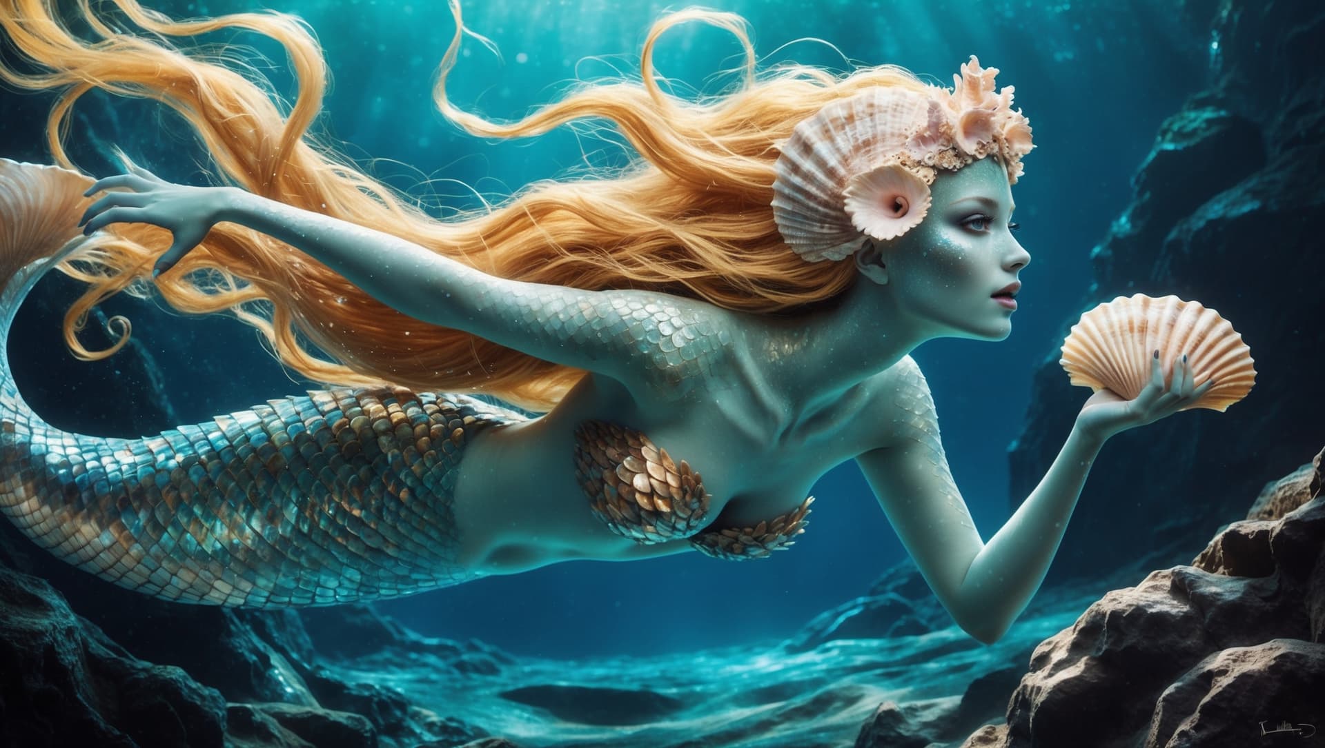 AI generated: In the depths of an underwater world, a beguiling siren with shimmering scales and flowing golden ha...