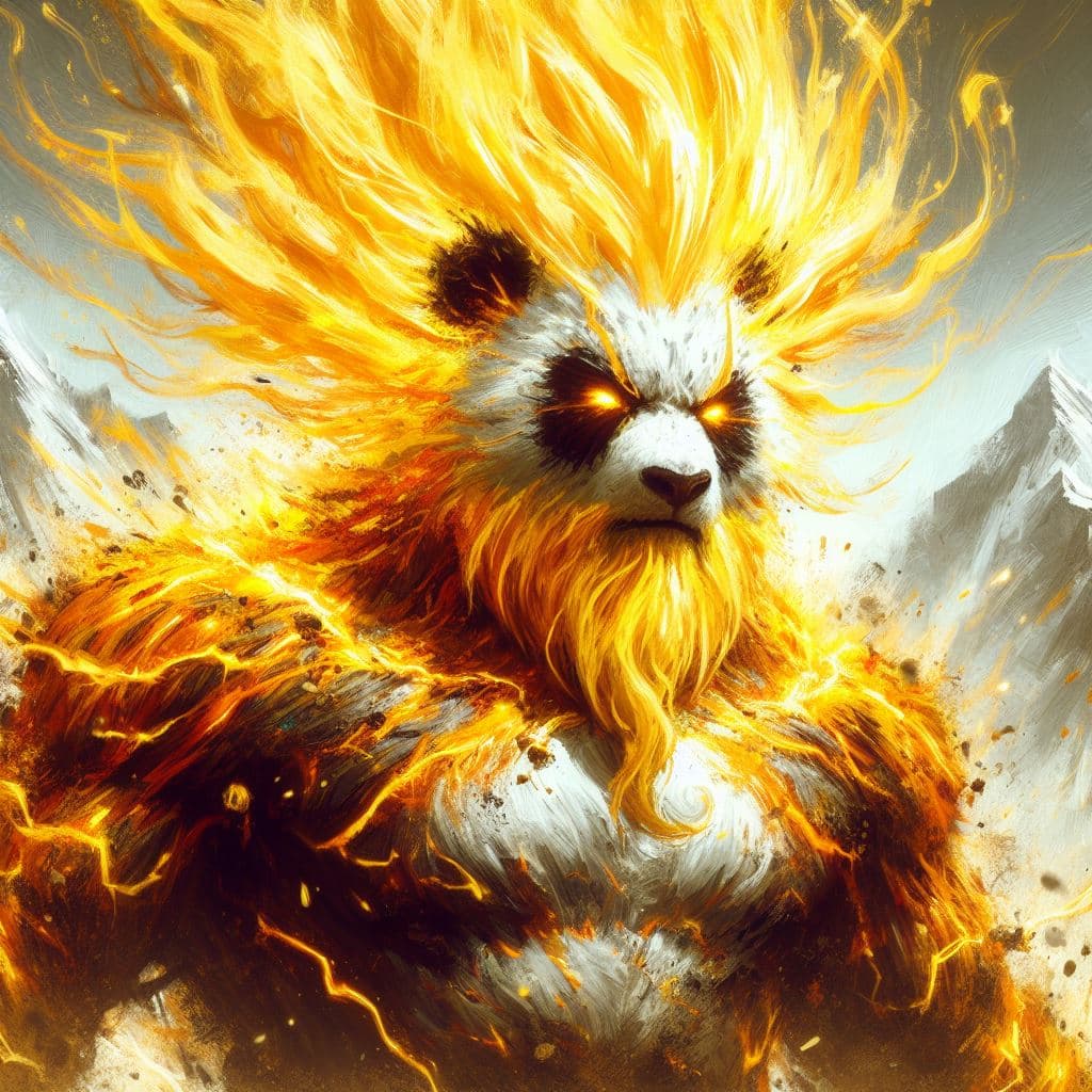 AI generated: impressionism style, Super sayan Panda, close up portrait, extra long yellow hair, fighting at war, ...