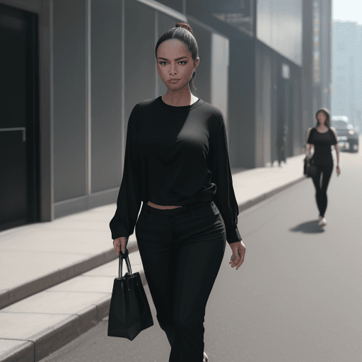 AI generated: The image features a  woman wearing a black shirt and black pants, walking down a street while carry...
