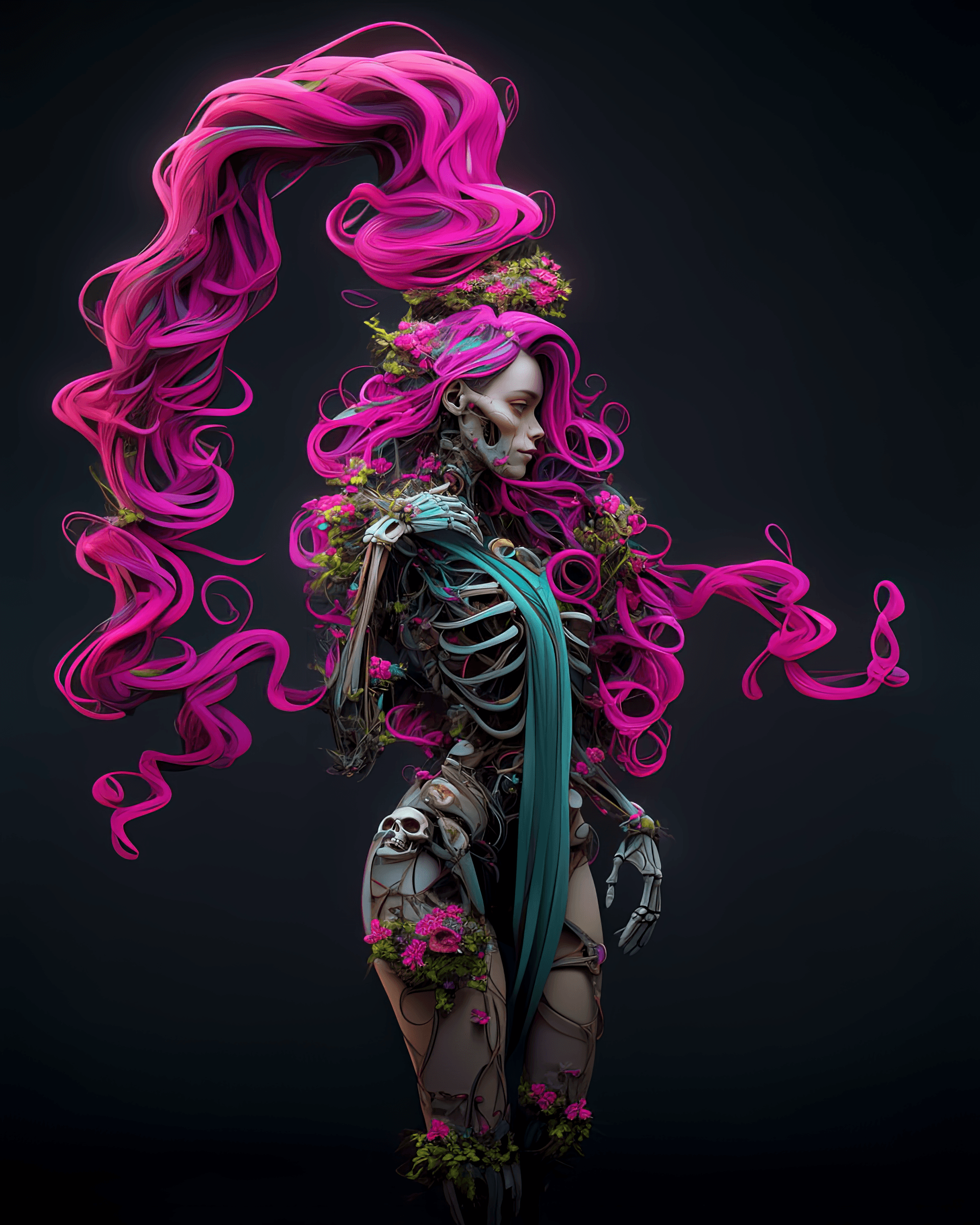AI generated: a woman with green chiffon wavy hair holding a bouquet of flowers, in the style of retro-futuristic ...