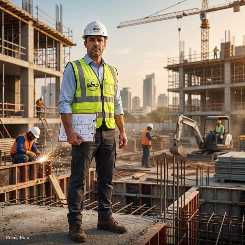 AI generated: A professional site engineer is standing at an active construction site during a routine site visit....