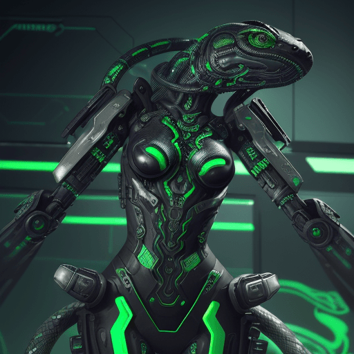 AI generated: The photo shows a snake with metal elements that give it a futuristic look. She is designed in a cyb...