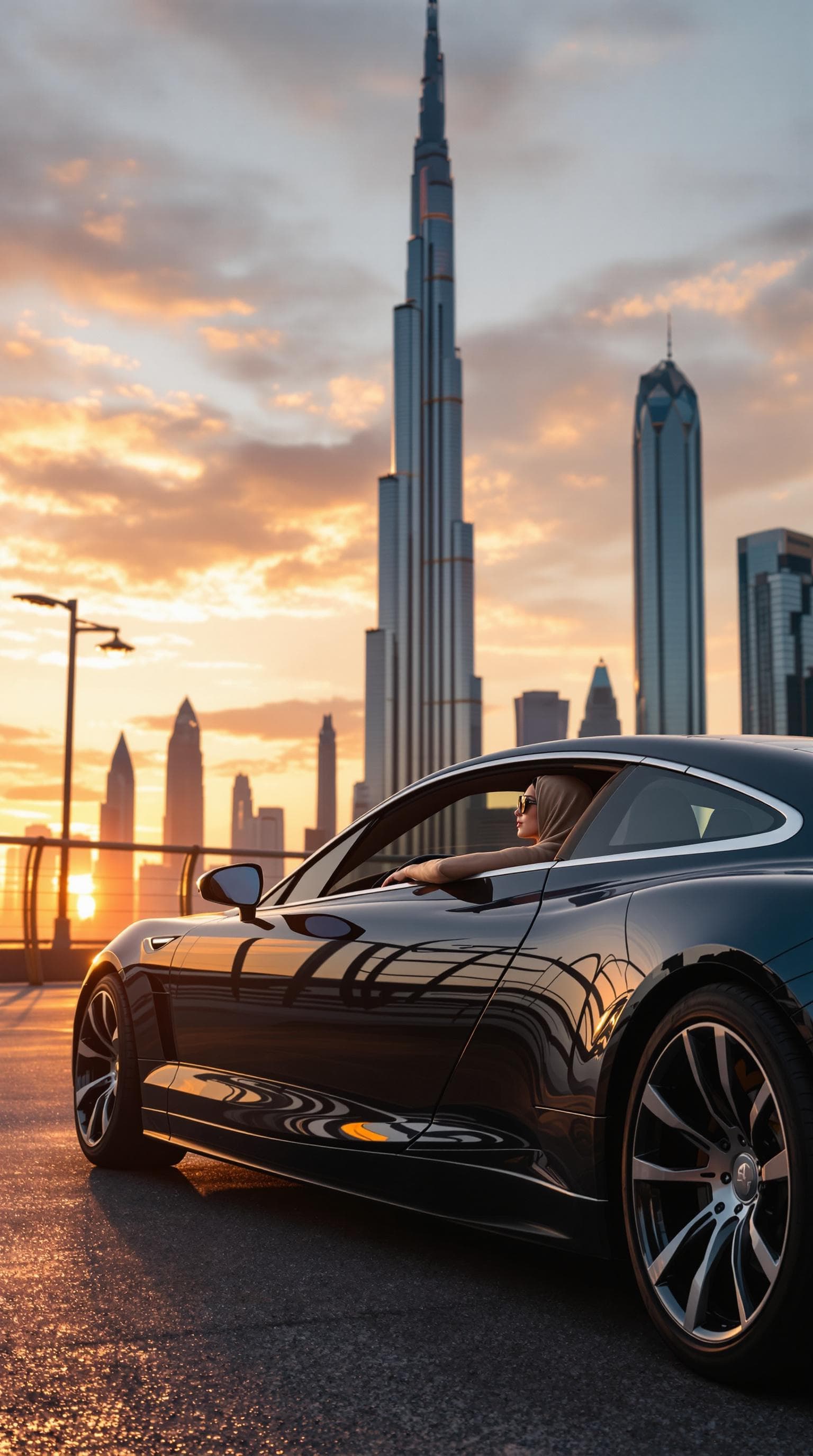 AI generated: 		1. Luxus und Mobilität – Frau in einem Luxusauto:
Eine arabische Frau in einem luxuriösen Auto (z....