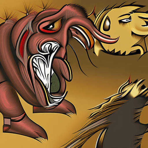 AI generated: Four lion-headed fire-haired monsters, their eyes blazing red, fangs as large as elephant tusks, the...