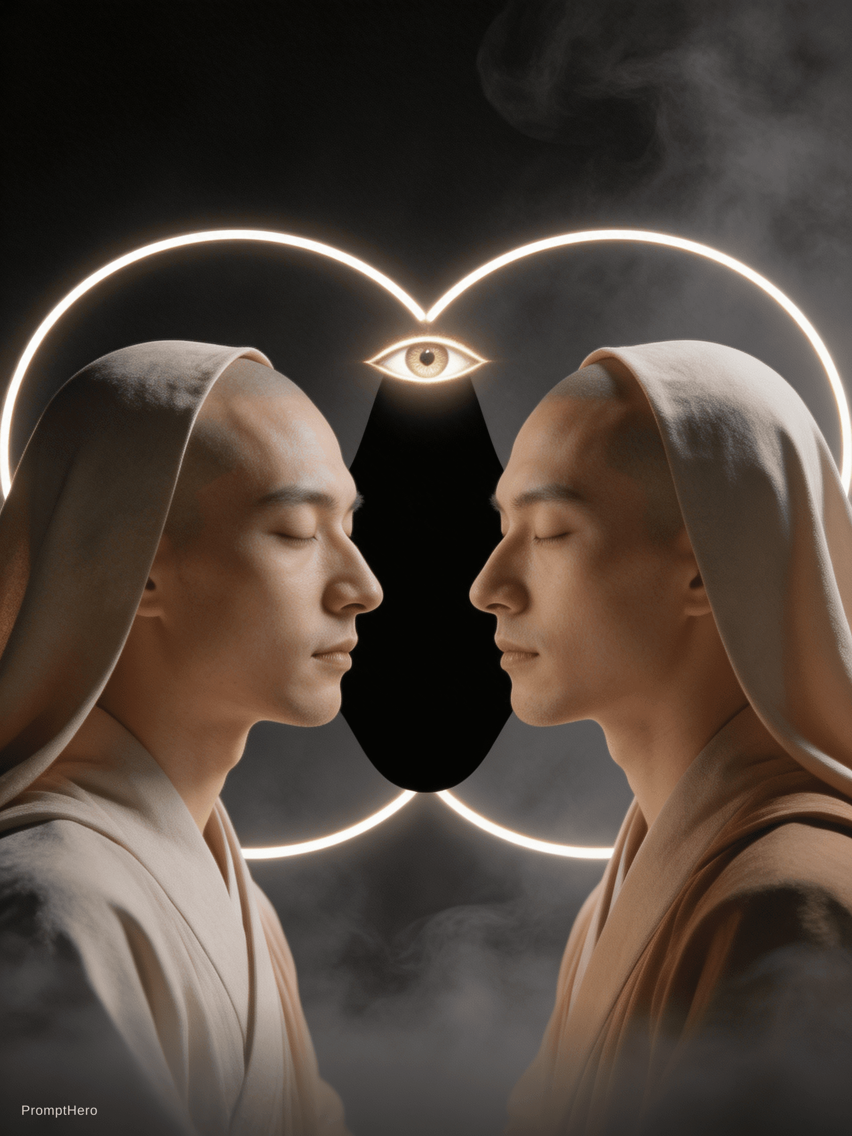 AI generated: subtle Rubin vase / two faces optical illusion, but instead of a vase – pure black void between the ...
