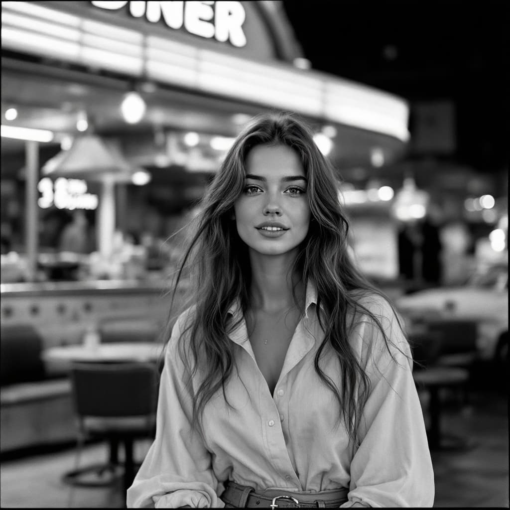 AI generated: Outside of a 1960s diner in monochromatic colors and vintage feel. a young Lady, long hair, look for...