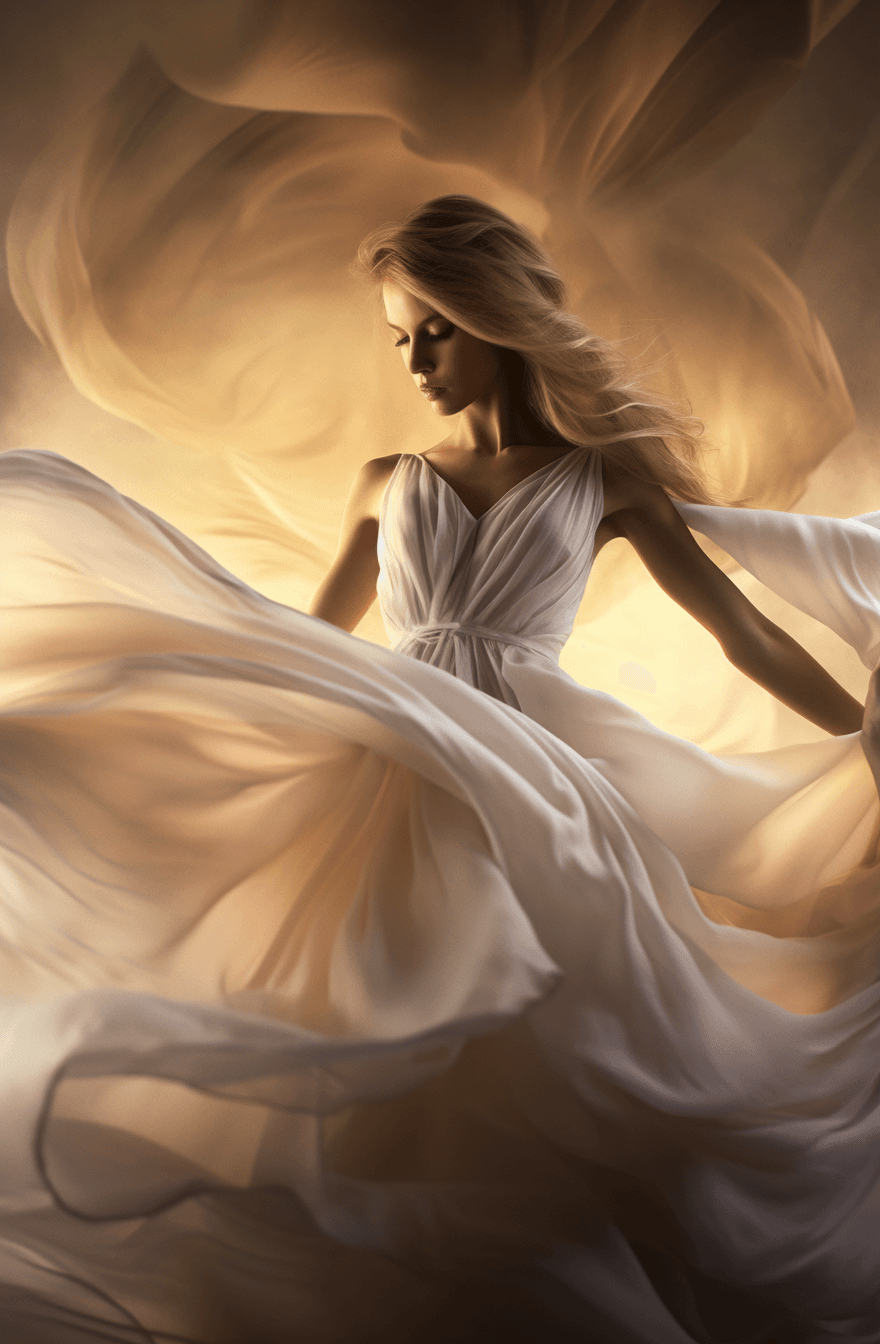 AI generated: Ethereal beauty, soft pastel tones, backlighting, long exposure, flowing fabric, portrait of a dance...