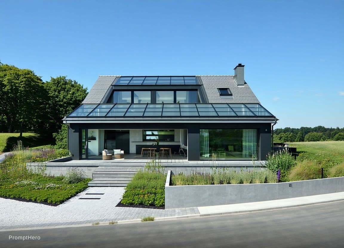 AI generated: create a glass roof on the top of the house, keep the 3 windows free, modern look